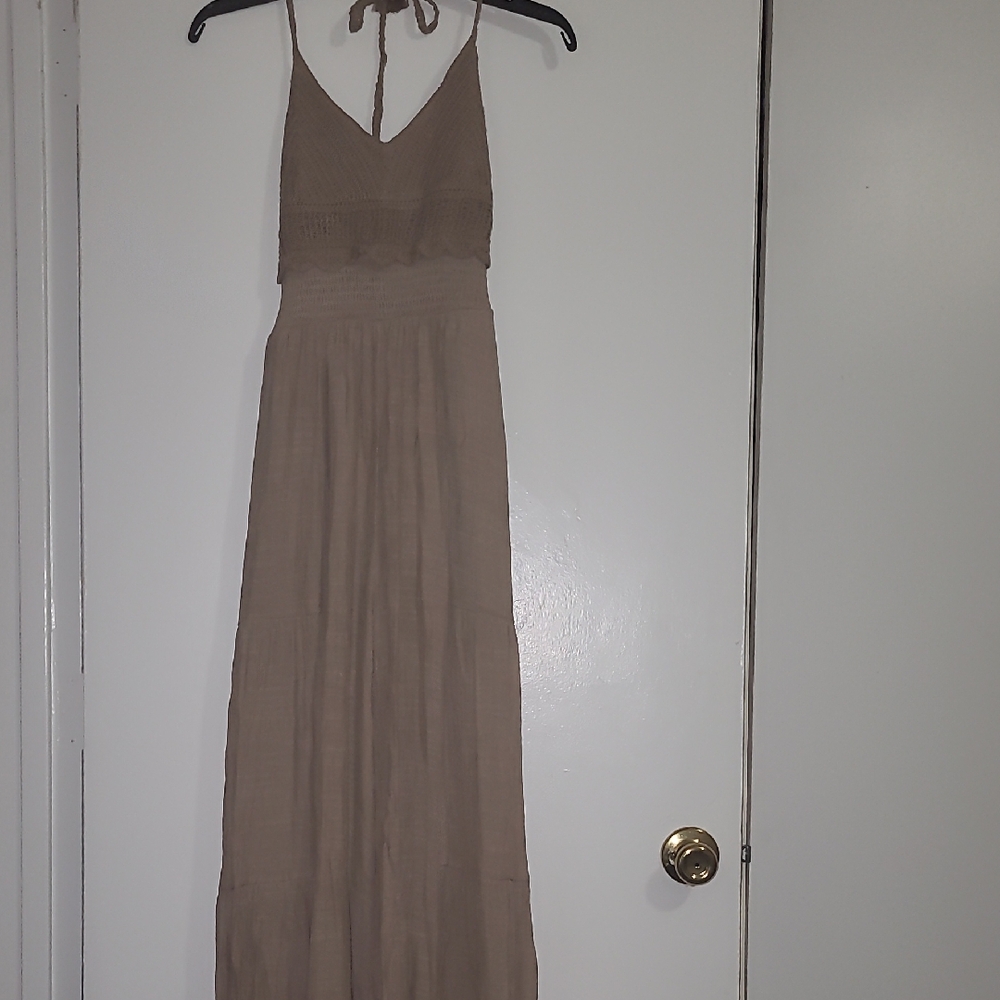 Casual Brown Sleeveless Halter Maxi Sundress
